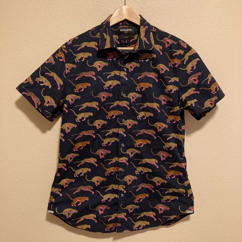Dark blue leopard Bonobos shirt with gold and pink highlights. Limited Edition.